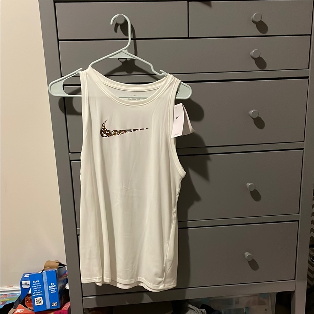 Nike White Tank Top with Floral Swoosh